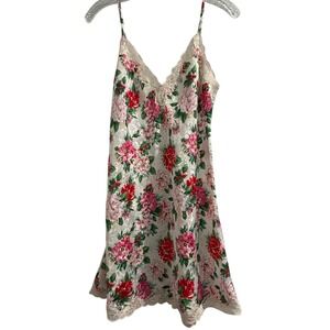 Victorias Secret Floral Satin Lace Trim Slip Nightgown Chemise Womens Small VTG